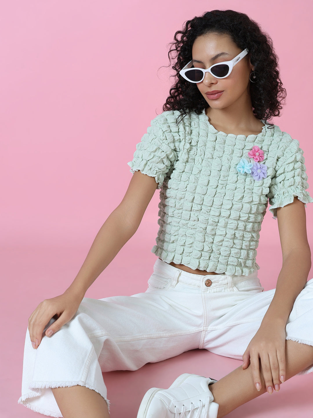Women's Sea Green Self Design Round Neck Top