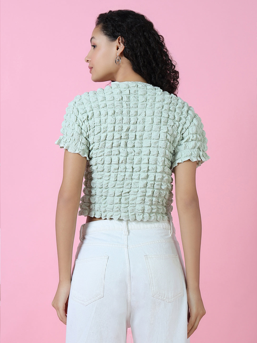 Women's Sea Green Self Design Round Neck Top