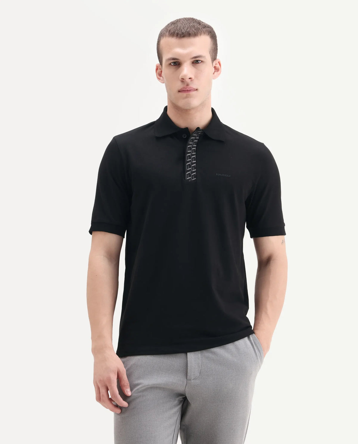 Rare Rabbit Men's Arko Black Cotton Plain Regular Fit Half Sleeve Polo