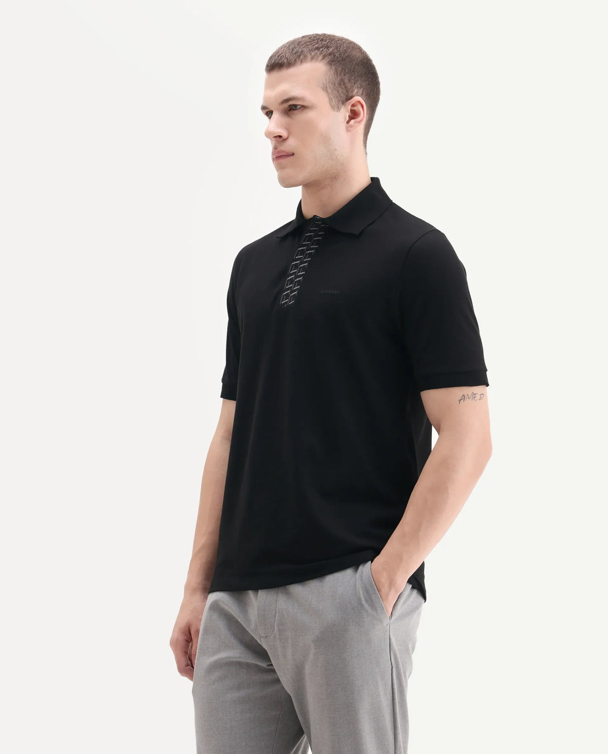 Rare Rabbit Men's Arko Black Cotton Plain Regular Fit Half Sleeve Polo