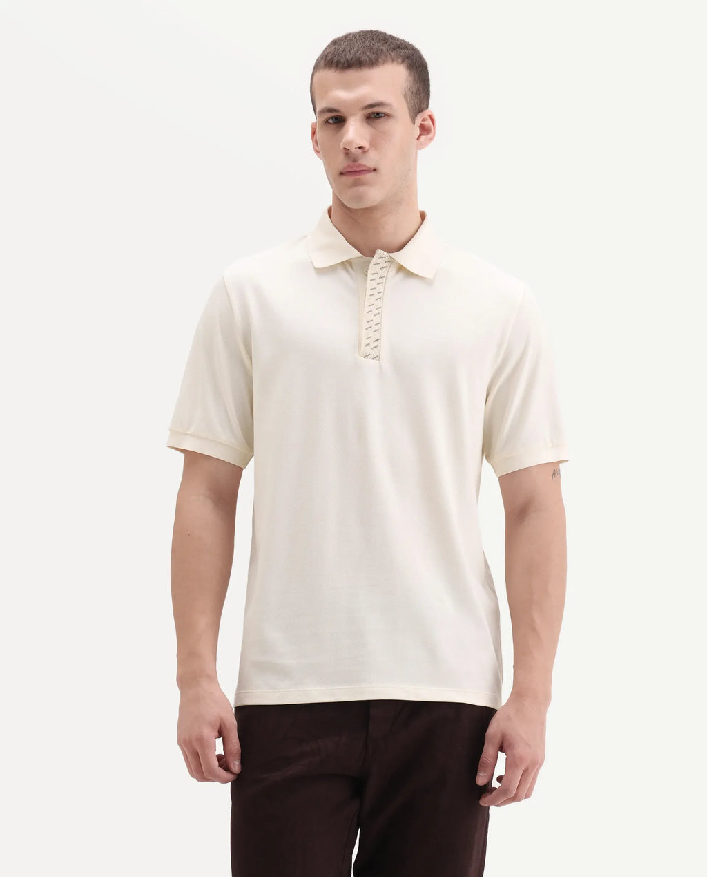 Rare Rabbit Men's Arko Off White Cotton Plain Regular Fit Half Sleeve Polo