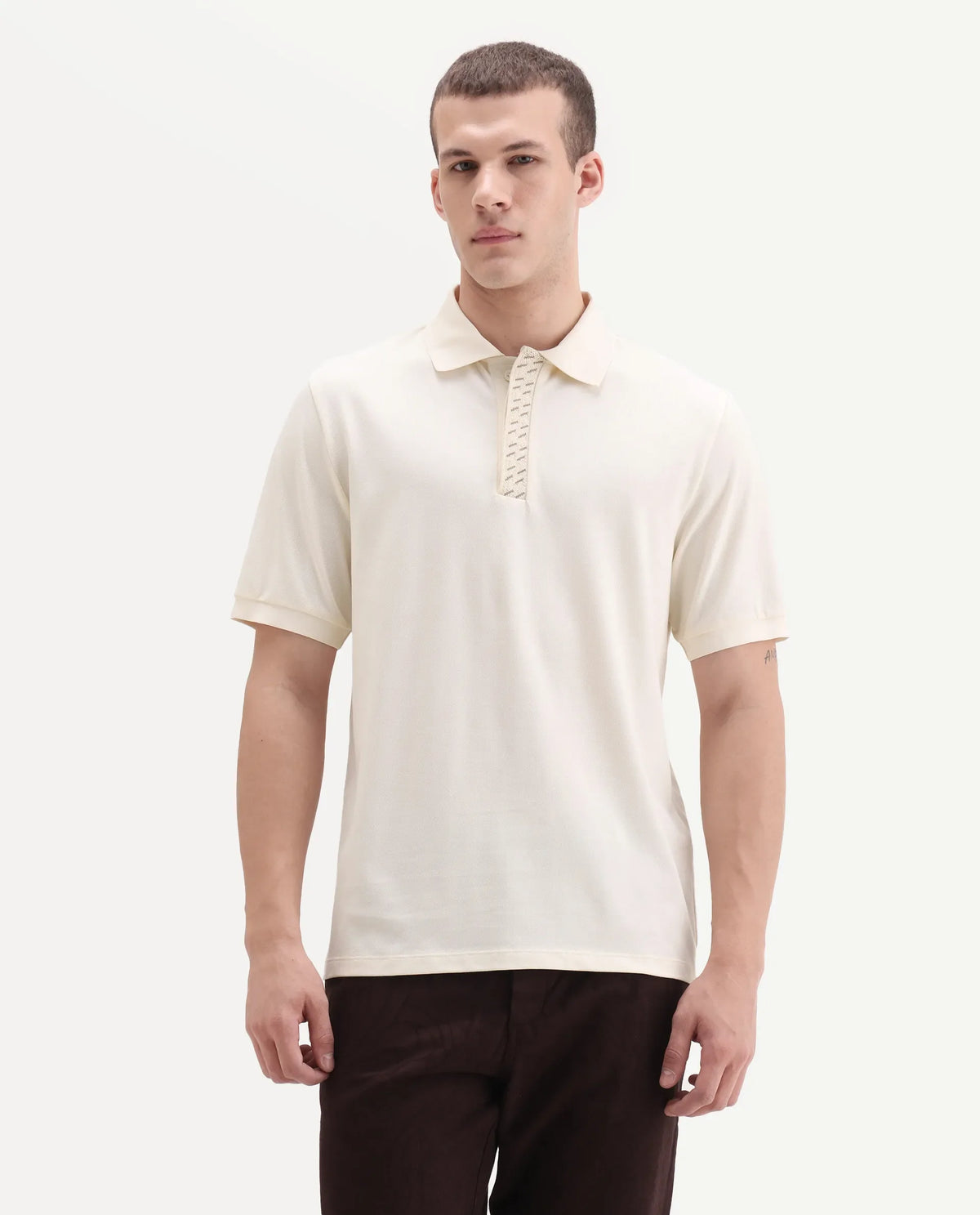 Rare Rabbit Men's Arko Off White Cotton Plain Regular Fit Half Sleeve Polo