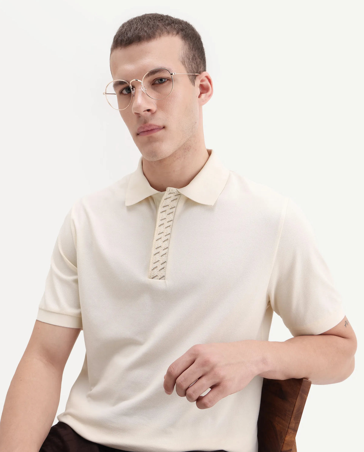 Rare Rabbit Men's Arko Off White Cotton Plain Regular Fit Half Sleeve Polo