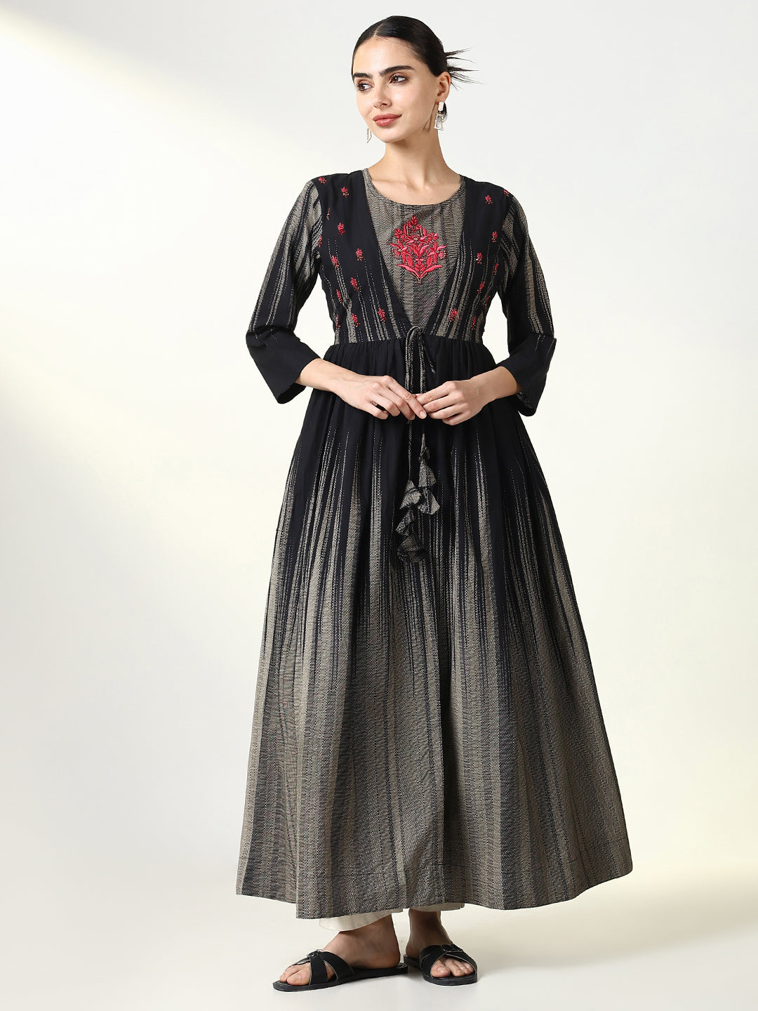 Women's Black Abstract A Line Kurta with Overcoat