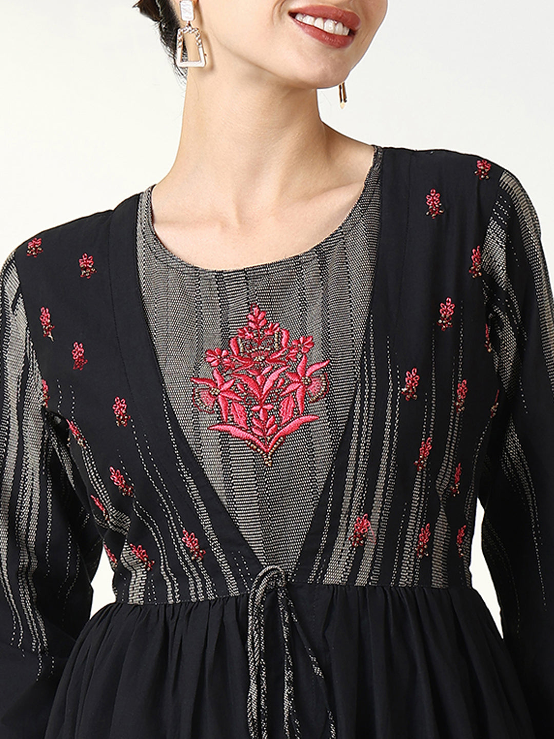 Women's Black Abstract A Line Kurta with Overcoat