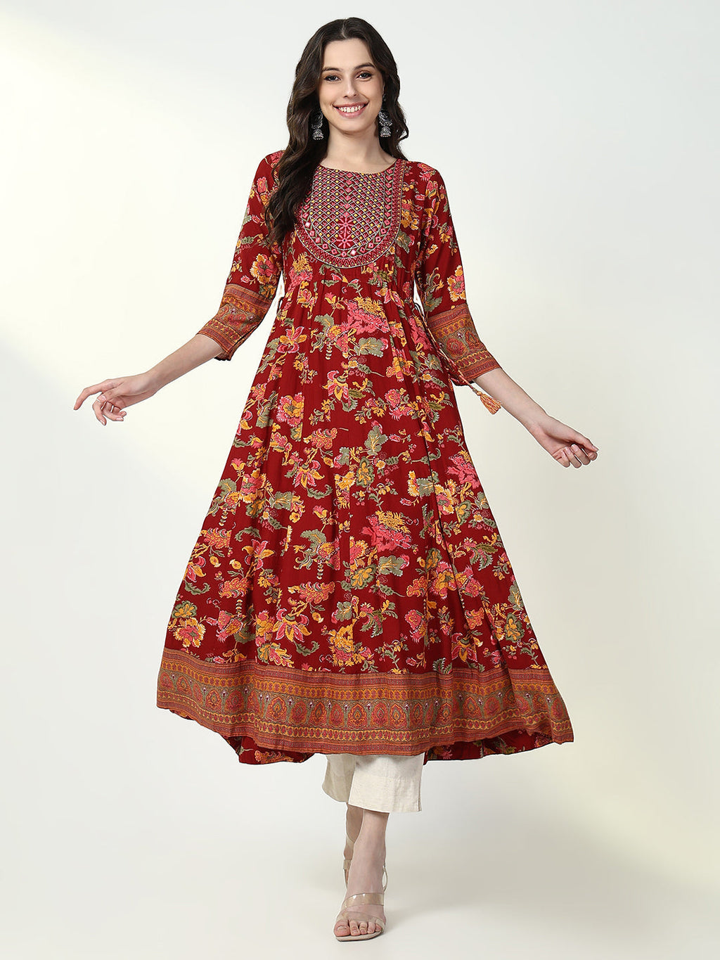 Women's Red Floral Anarkali Kurta
