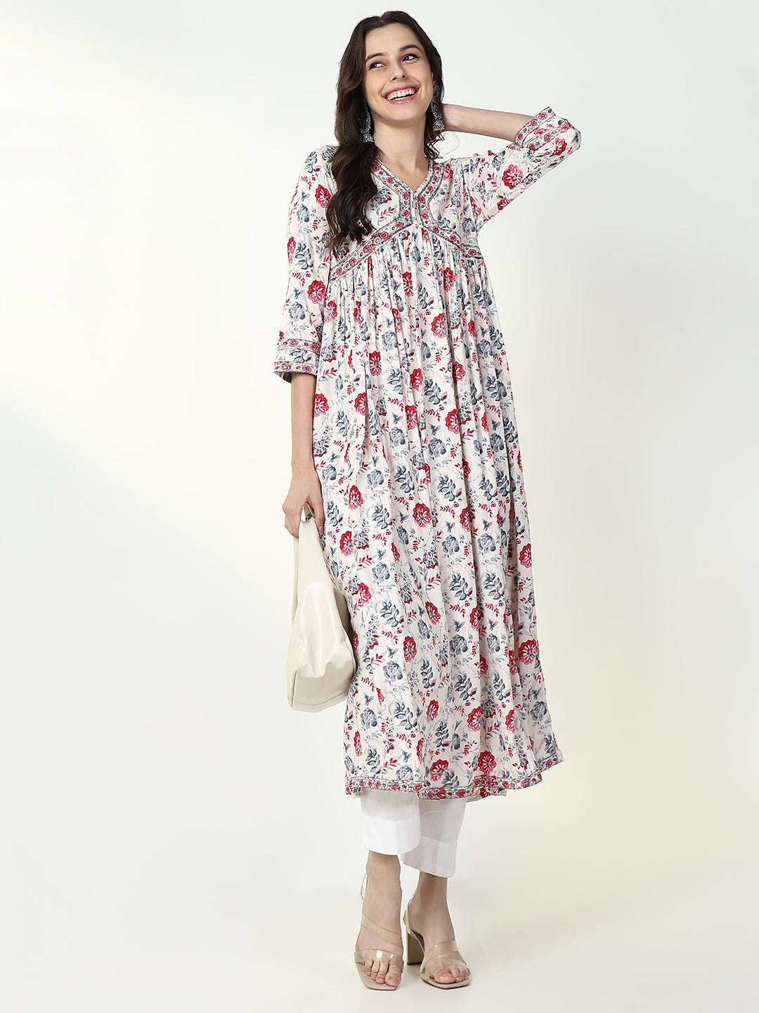 Women's White Floral Anarkali Kurta