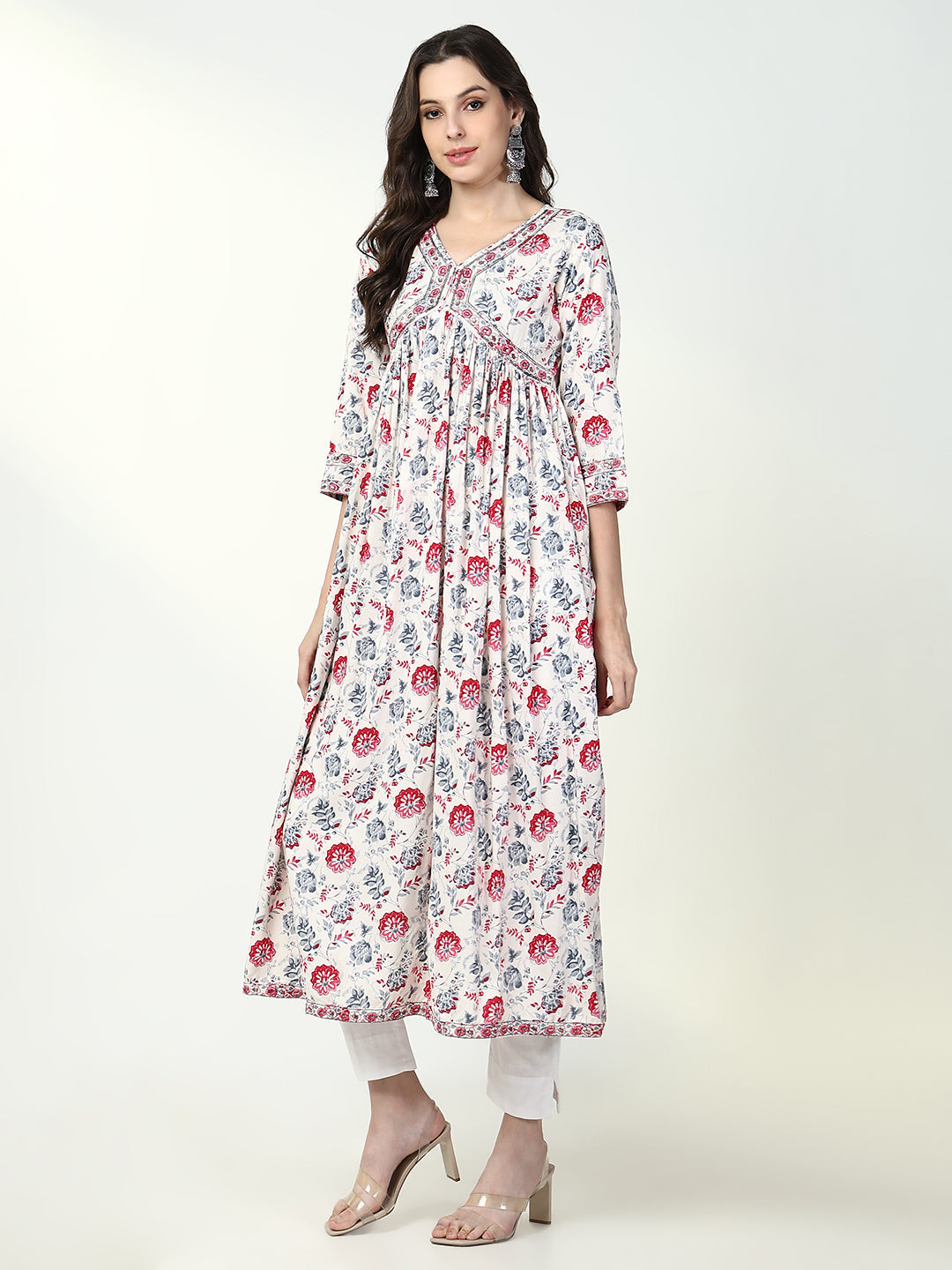 Women's White Floral Anarkali Kurta