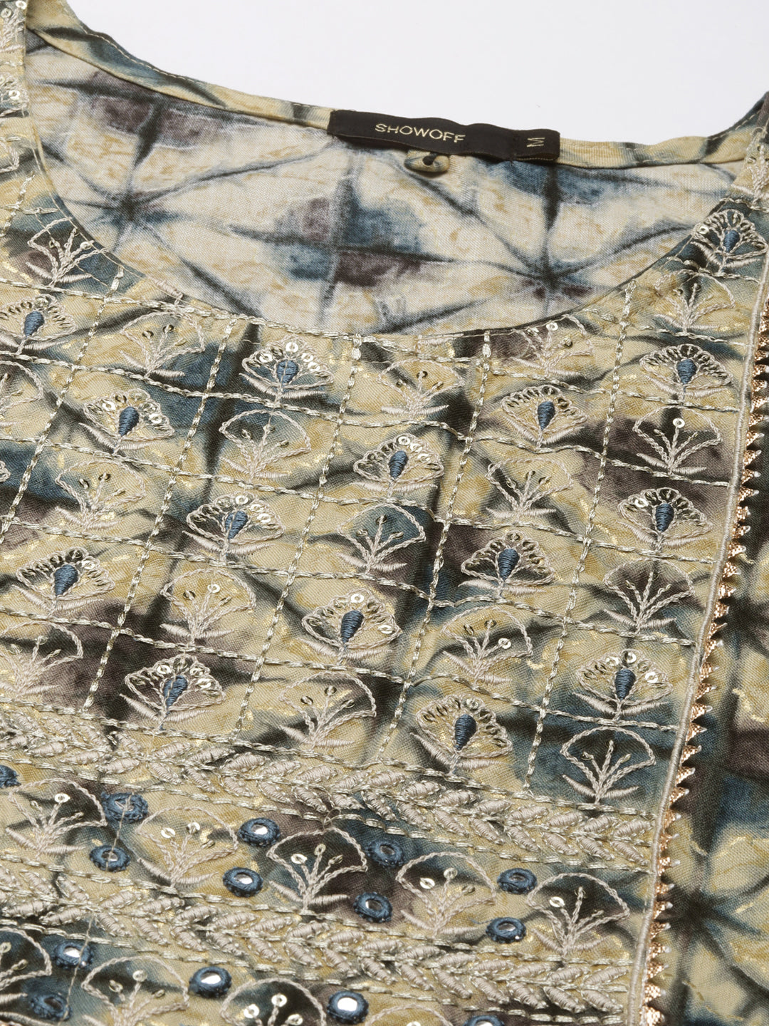 Women's Beige Tie & Dyed Thread Work Straight Kurta