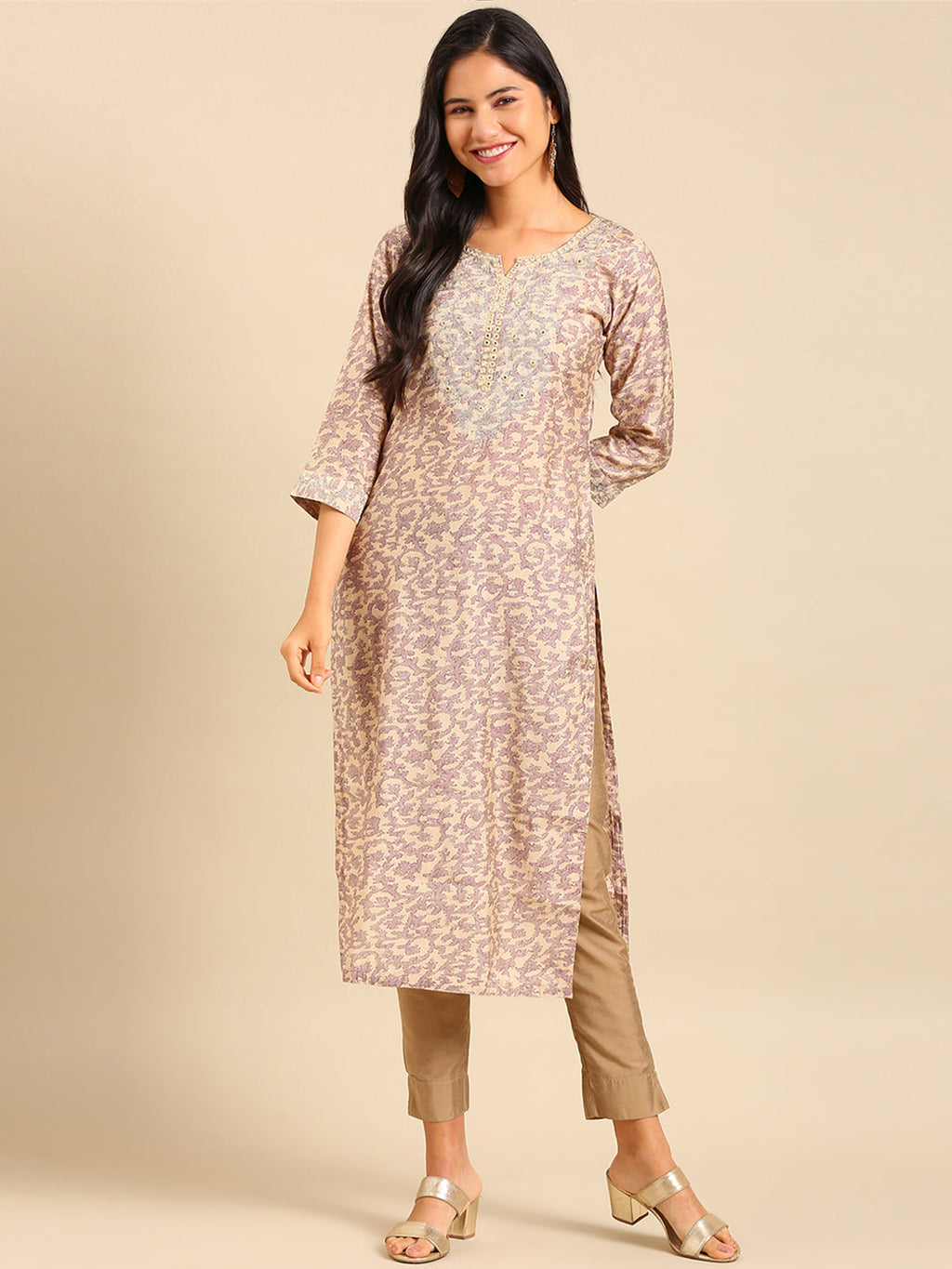 Women's Beige Printed Straight Kurta