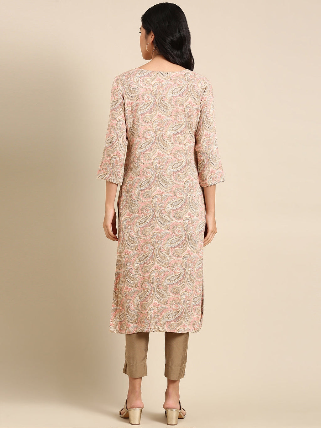 Women's Beige Printed Straight Kurta