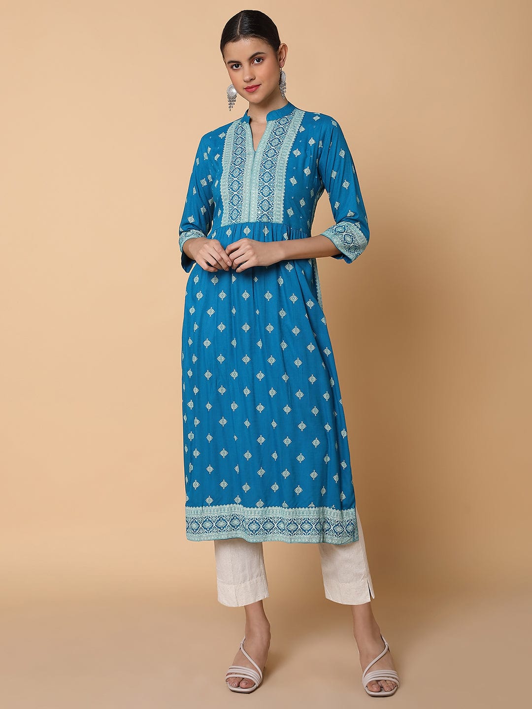 Women's A Line Blue Ethnic Motifs Kurta