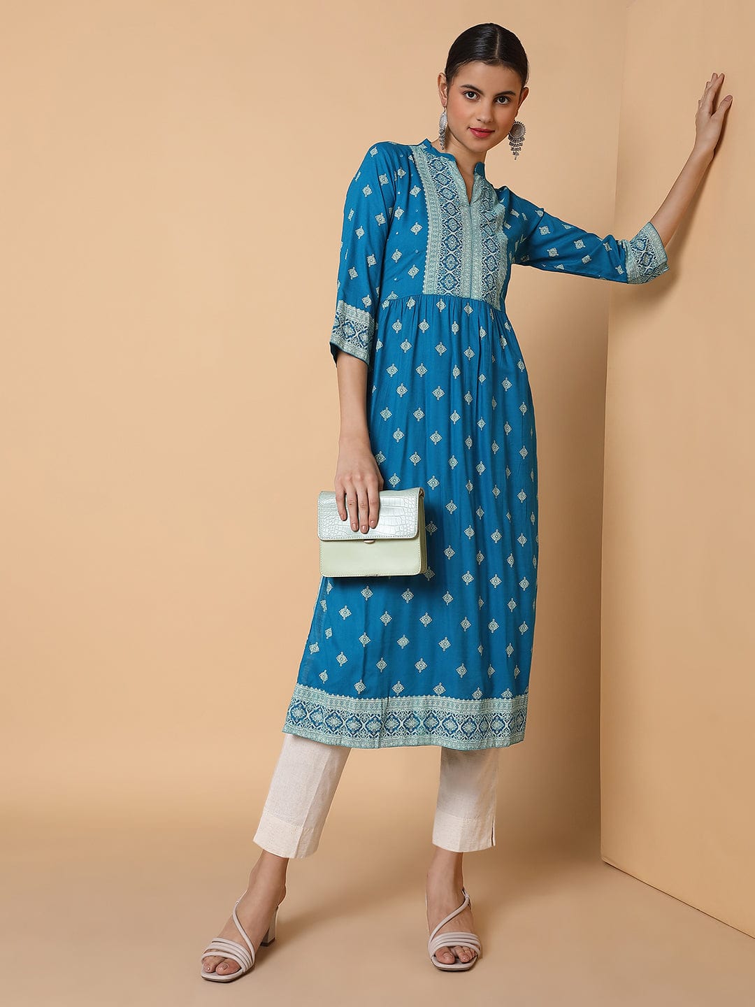Women's A Line Blue Ethnic Motifs Kurta