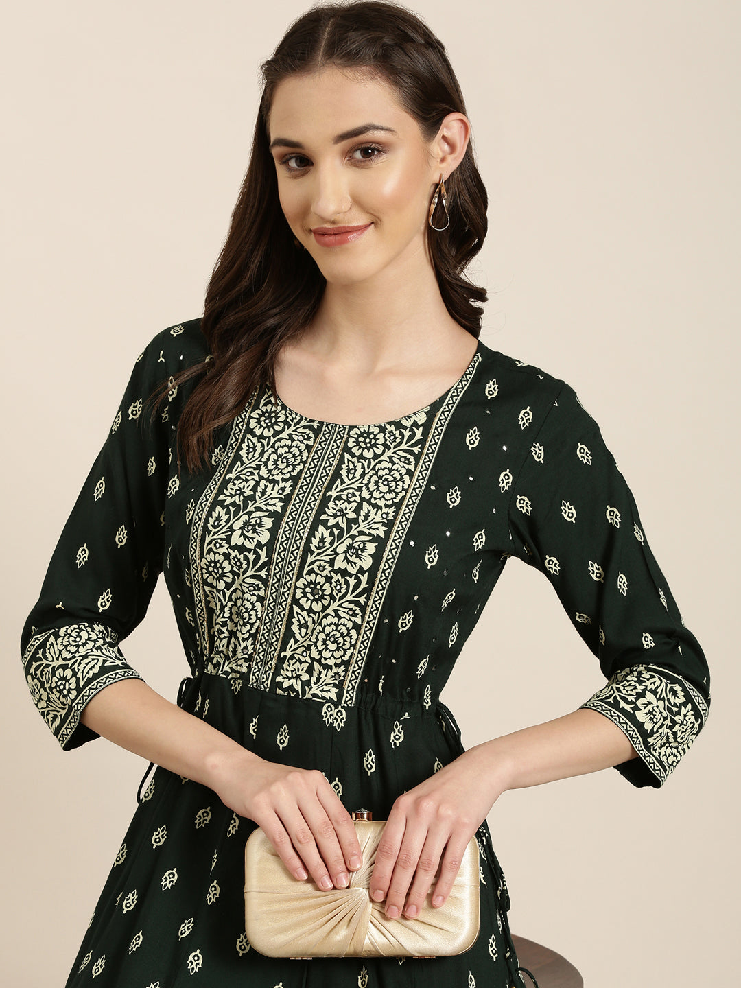 Women's Green Ethnic Motifs Printed Anarkali Kurta