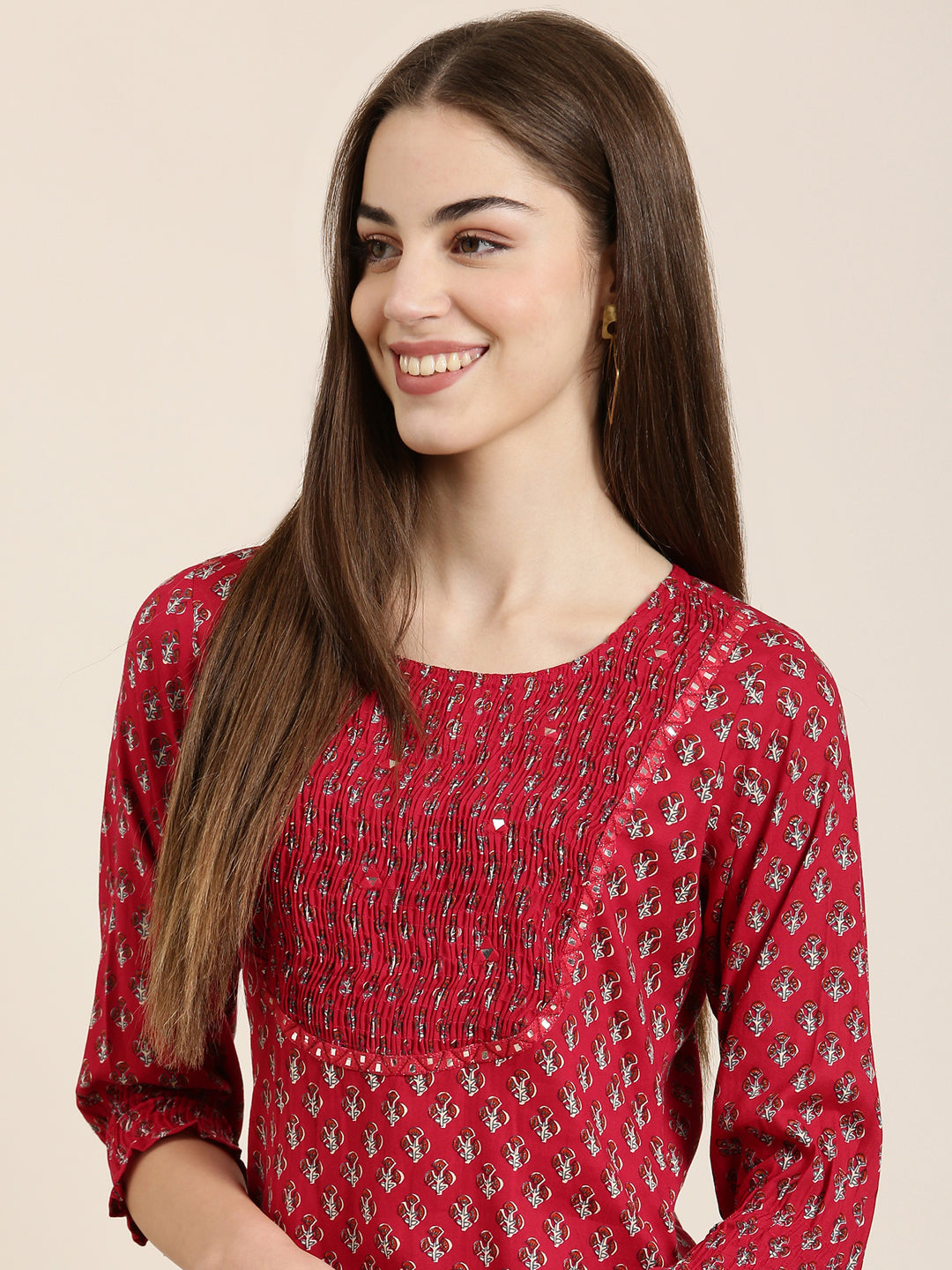 Women's Fuchsia Floral Printed Cotton Straight Kurta