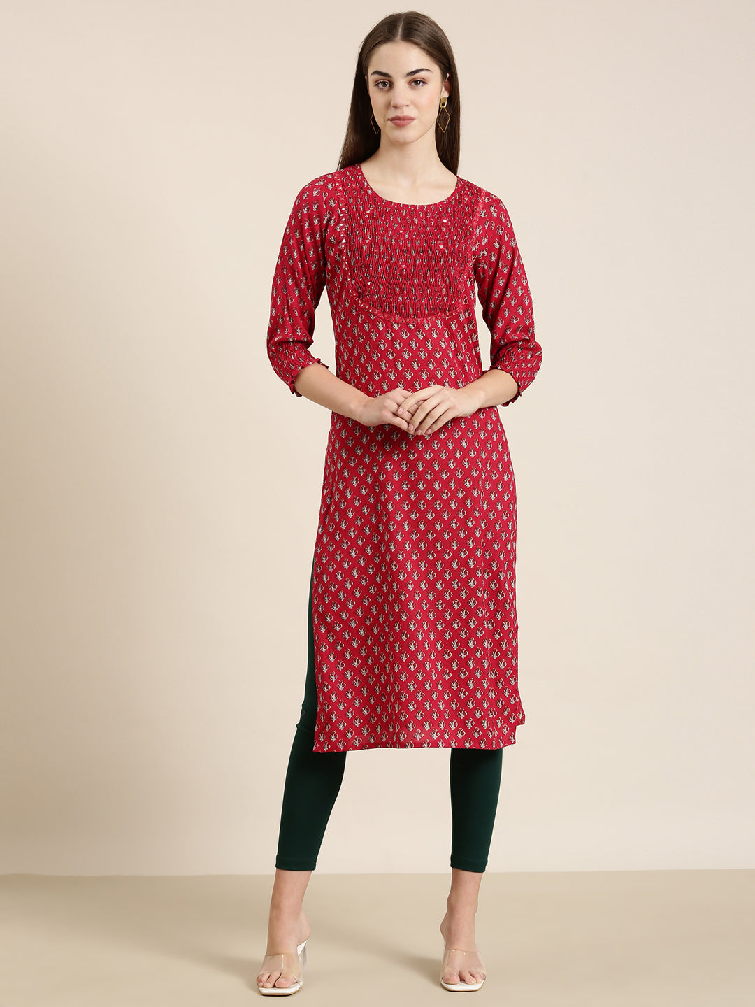Women's Fuchsia Floral Printed Cotton Straight Kurta