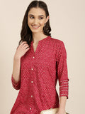 Women's Fuchsia Abstract Printed Mandarin Collar A-Line Kurta