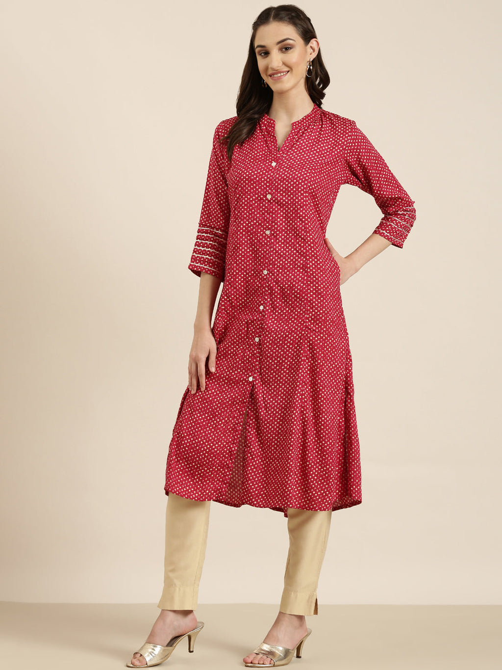 Women's Fuchsia Abstract Printed Mandarin Collar A-Line Kurta
