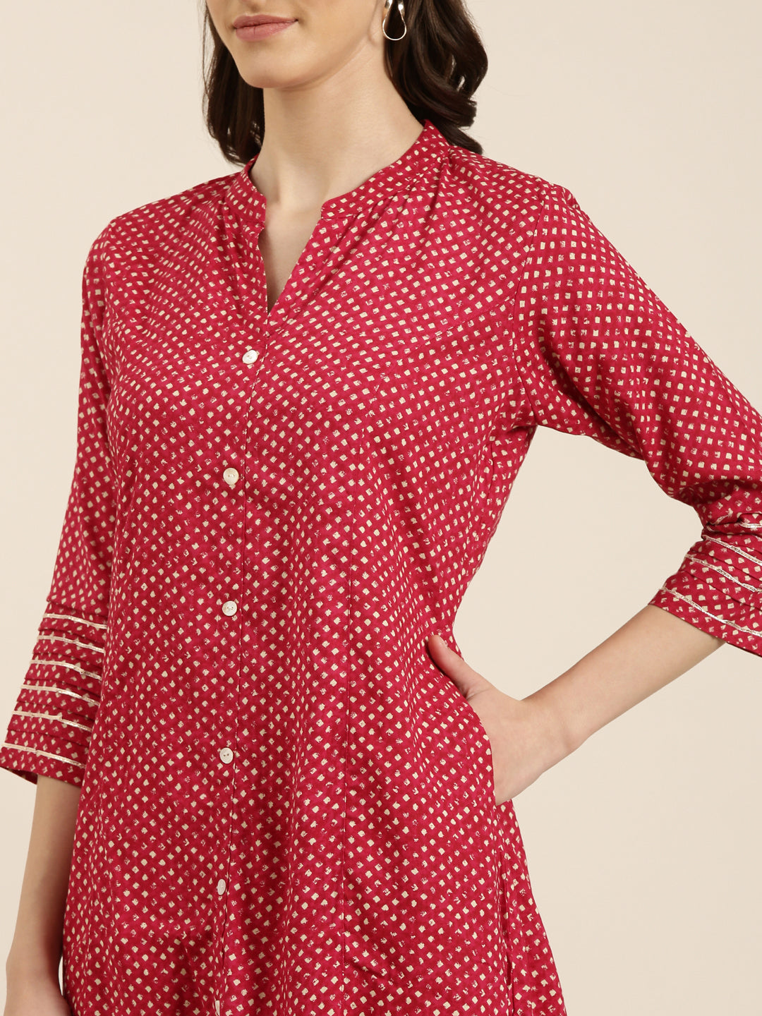 Women's Fuchsia Abstract Printed Mandarin Collar A-Line Kurta