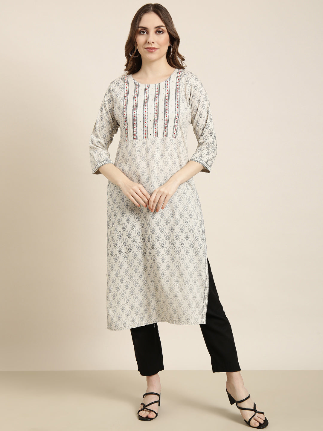 Women's Straight Grey Floral Kurta