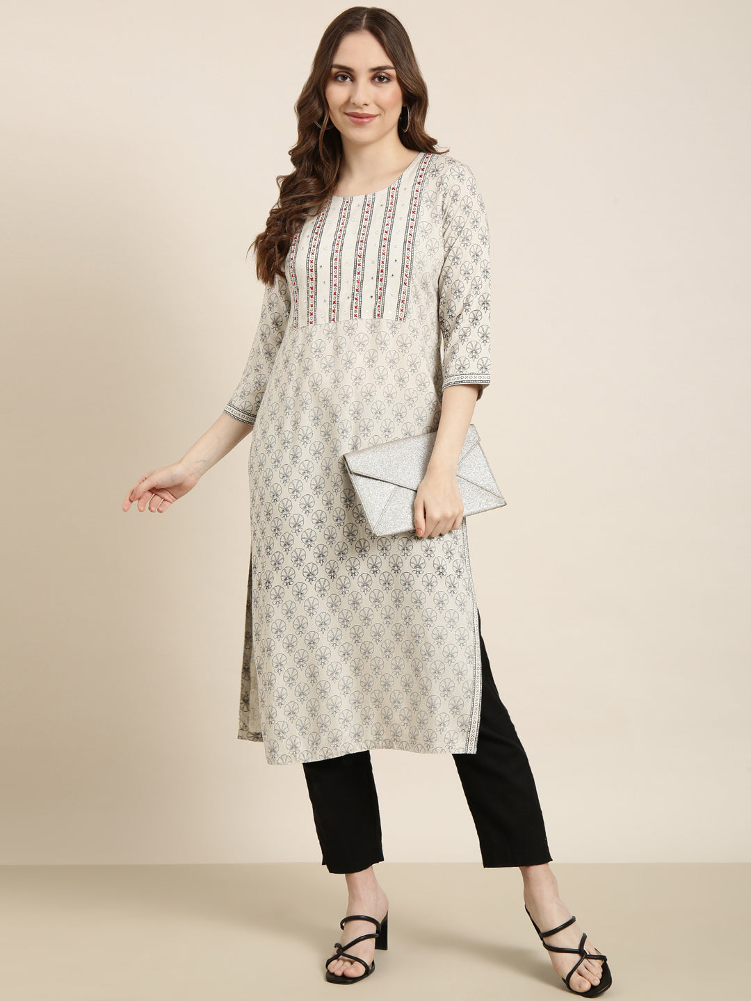 Women's Straight Grey Floral Kurta