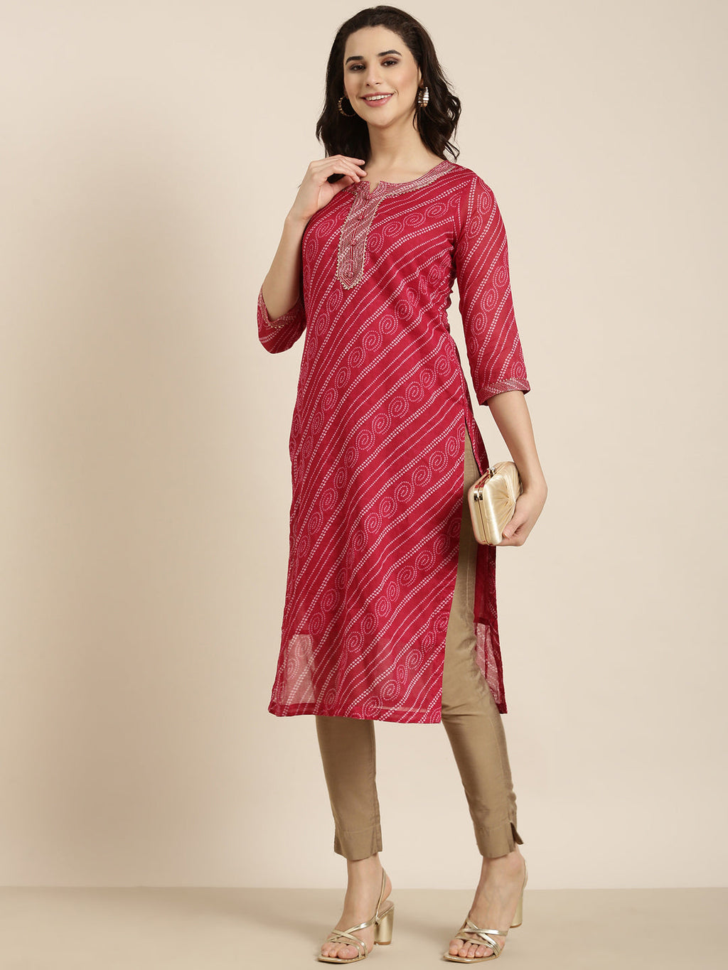 Women's Straight Pink Bandhani Kurta