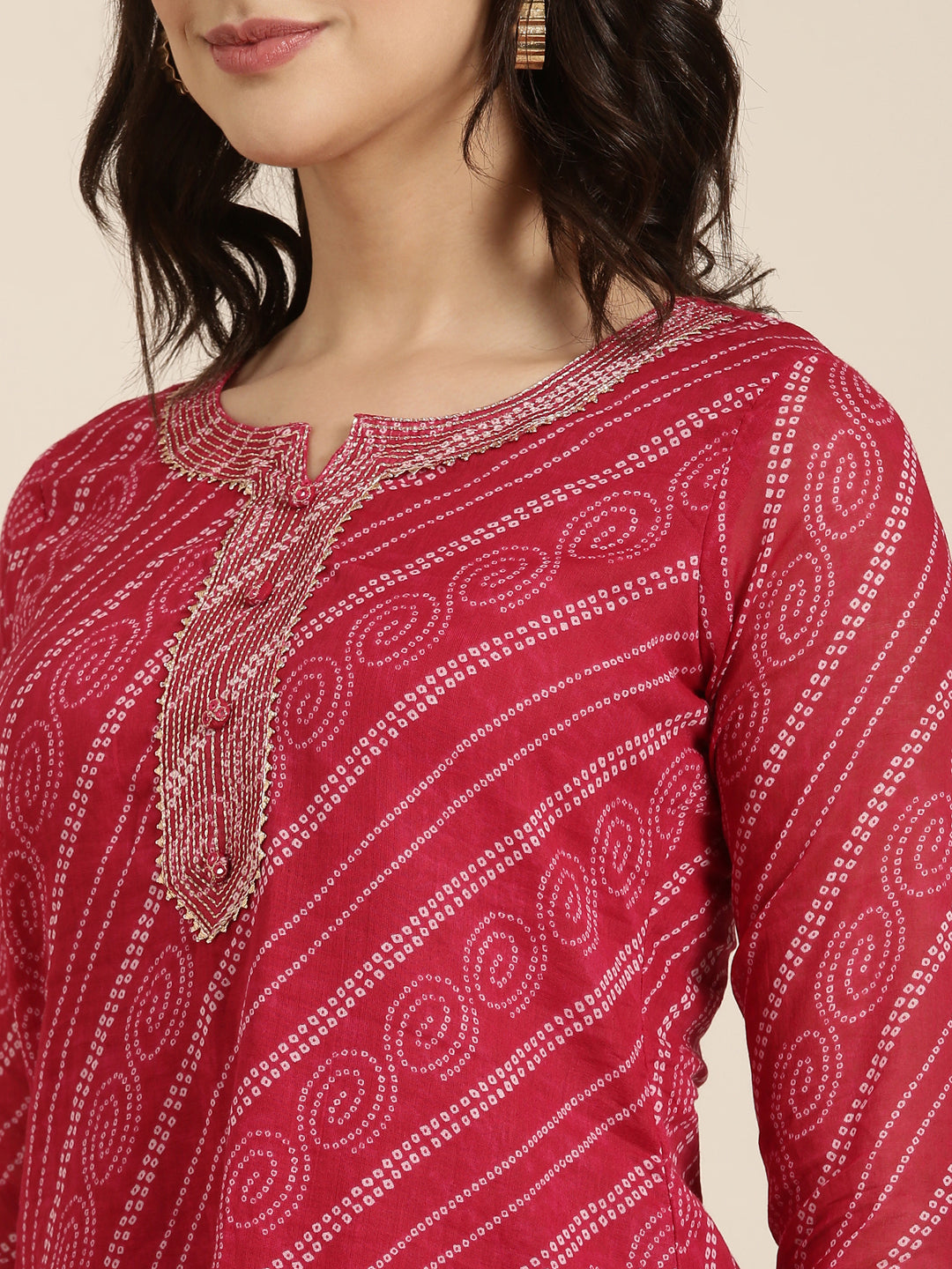 Women's Straight Pink Bandhani Kurta