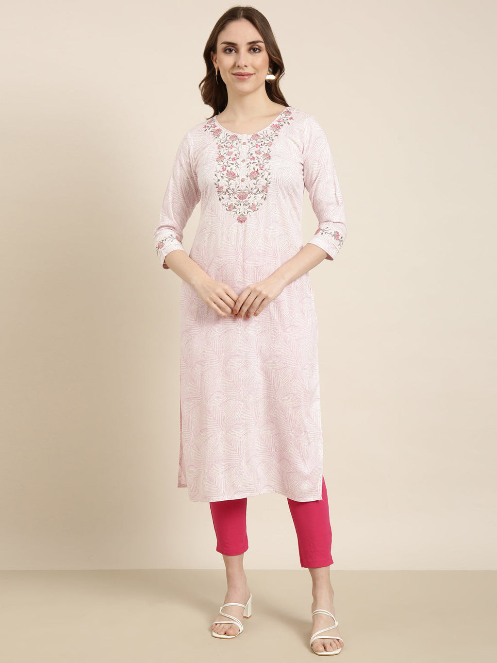 Women's Straight Pink Floral Kurta