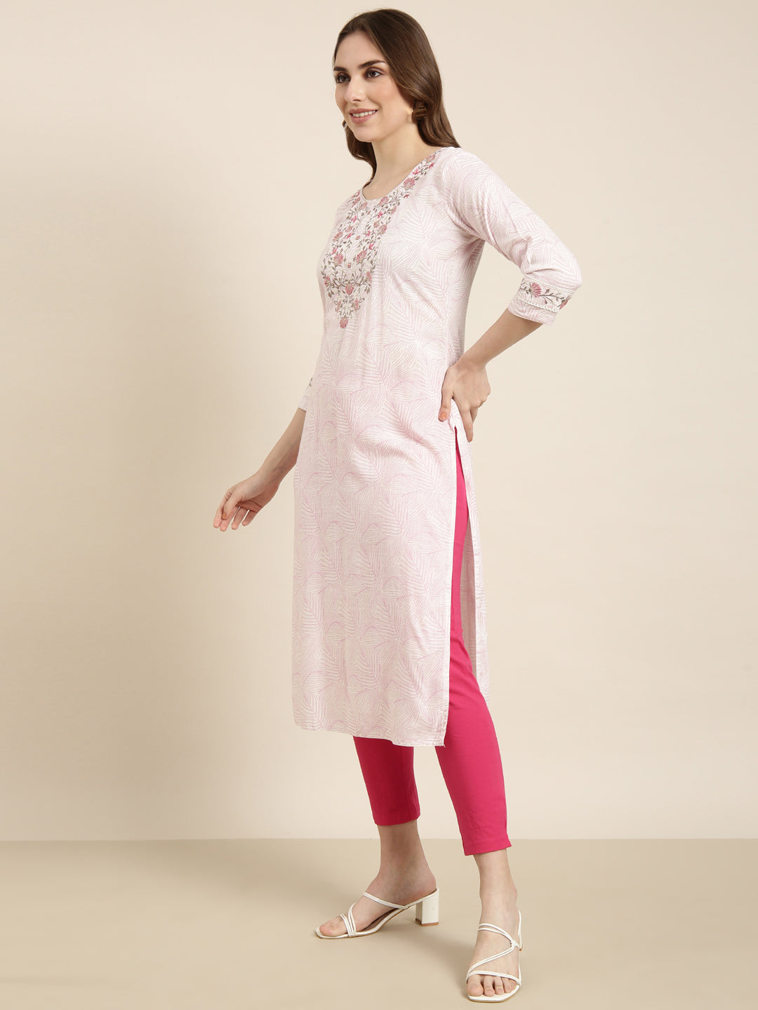 Women's Straight Pink Floral Kurta
