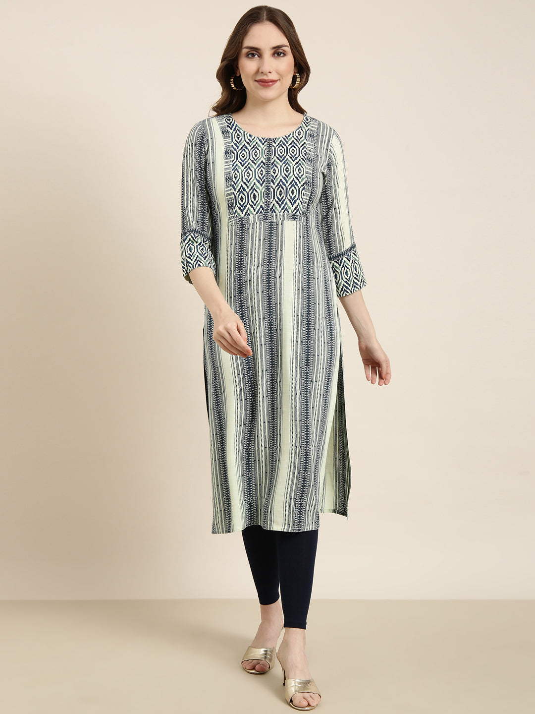 Women's Straight Sea Green Striped Kurta