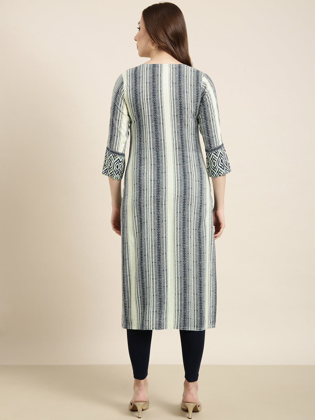 Women's Straight Sea Green Striped Kurta