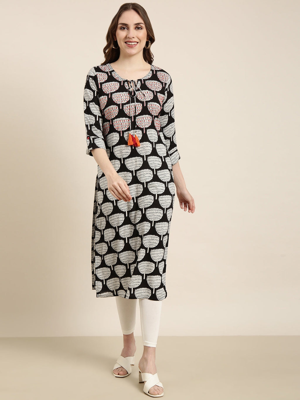 Women's Straight Black Ethnic Motifs Kurta