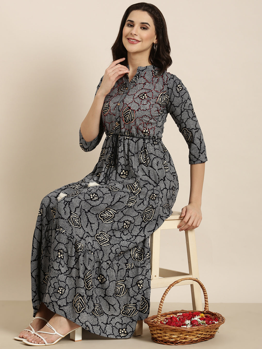Women's Anarkali Navy Blue Bandhani Kurta