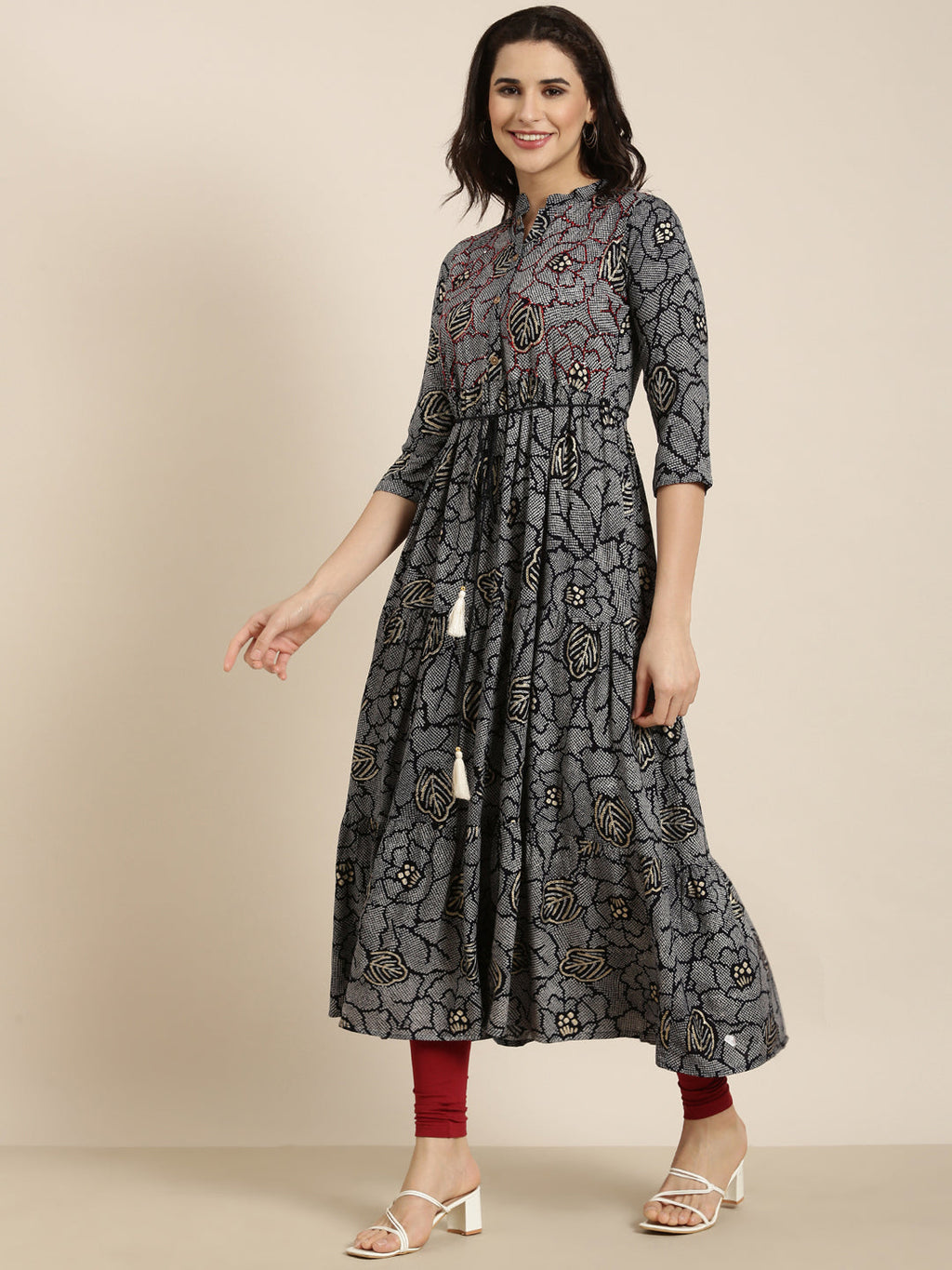 Women's Anarkali Navy Blue Bandhani Kurta