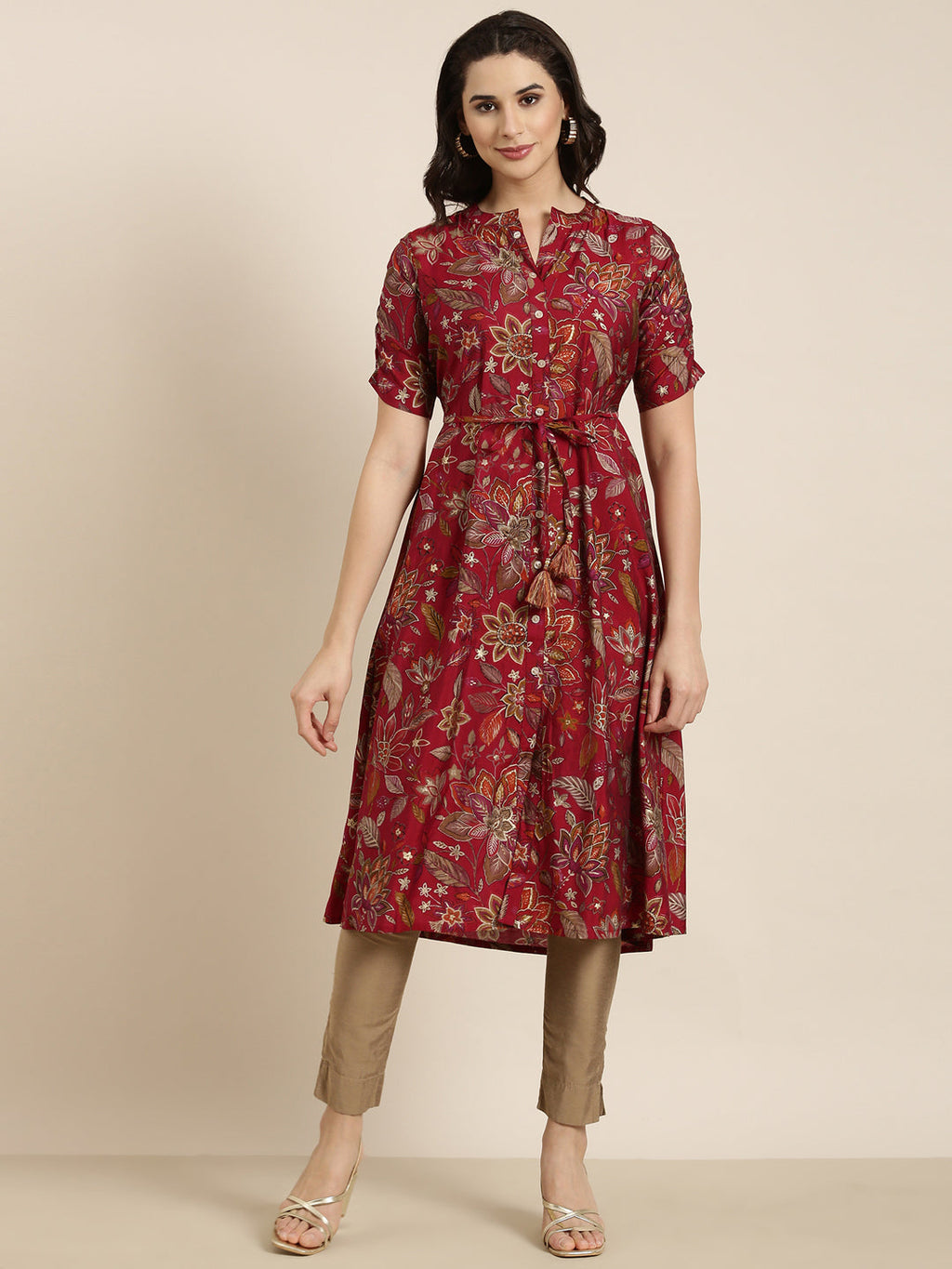 Women's A-Line Maroon Floral Kurta