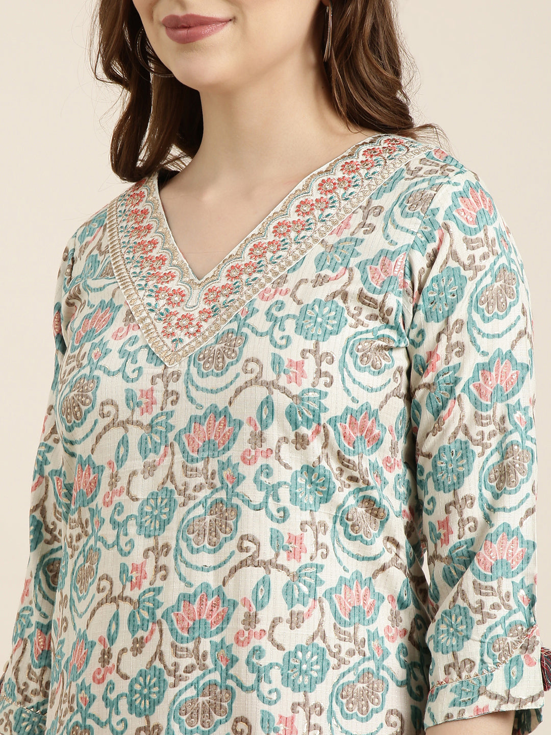 Women's Straight Turquoise Blue Floral Kurta