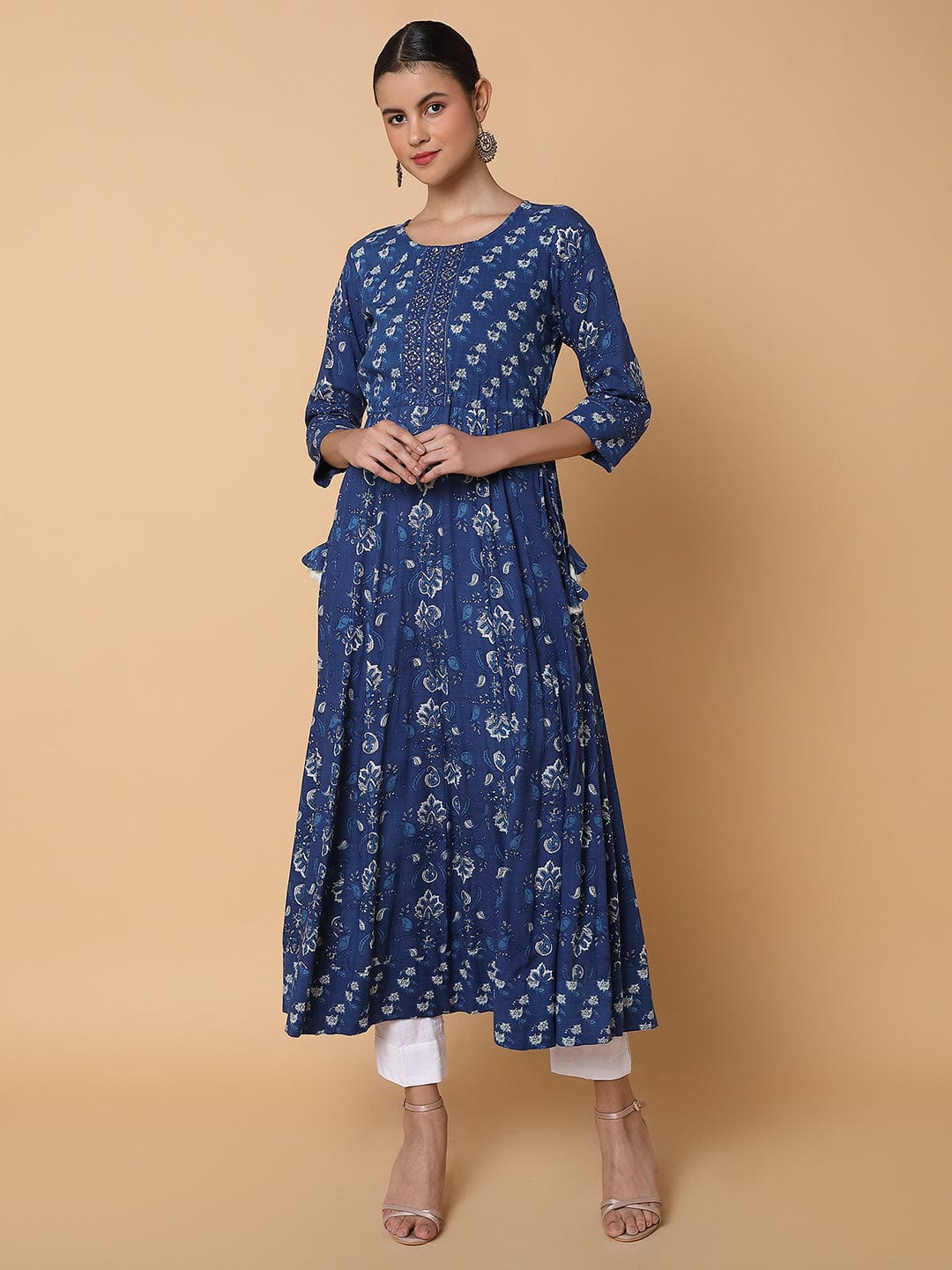 Women's Floral Sequins Blue Anarkali Kurta
