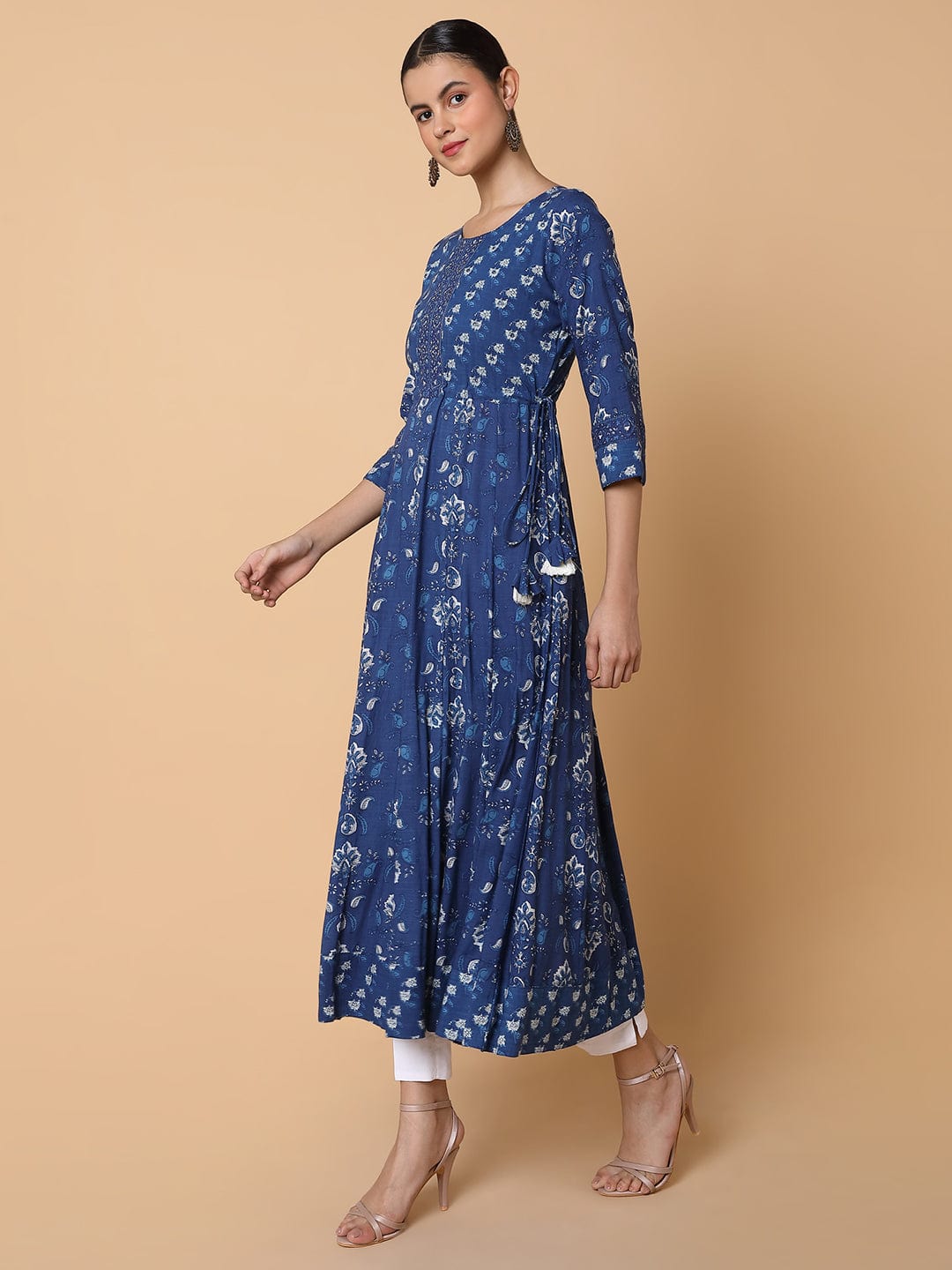 Women's Floral Sequins Blue Anarkali Kurta