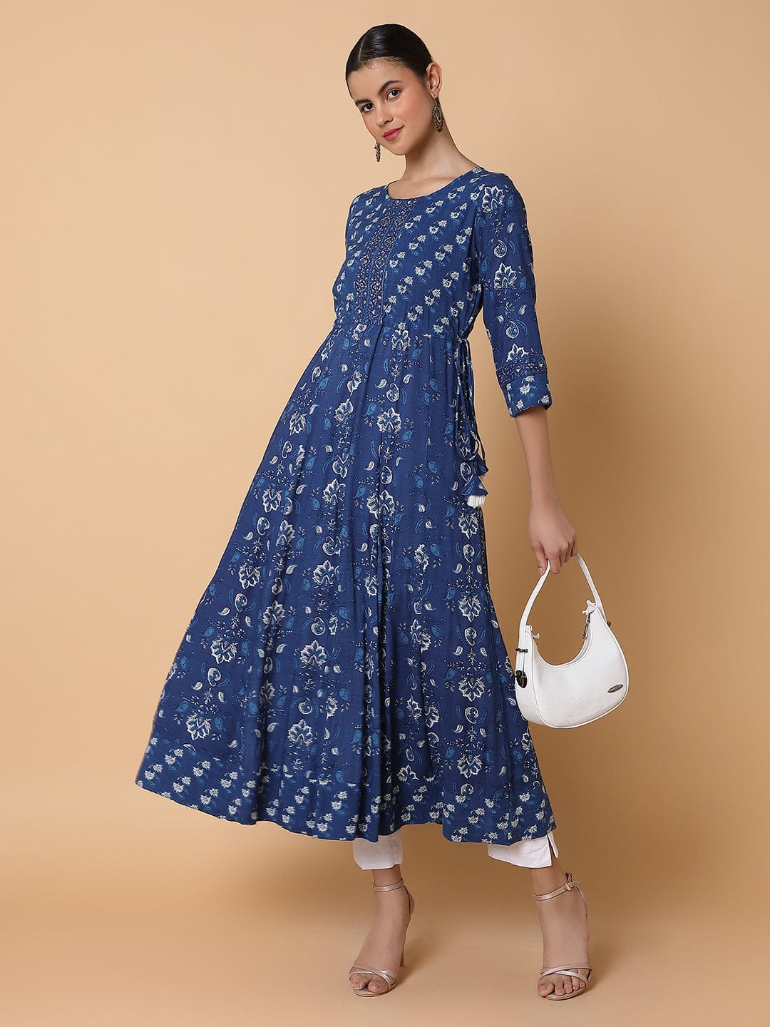 Women's Floral Sequins Blue Anarkali Kurta