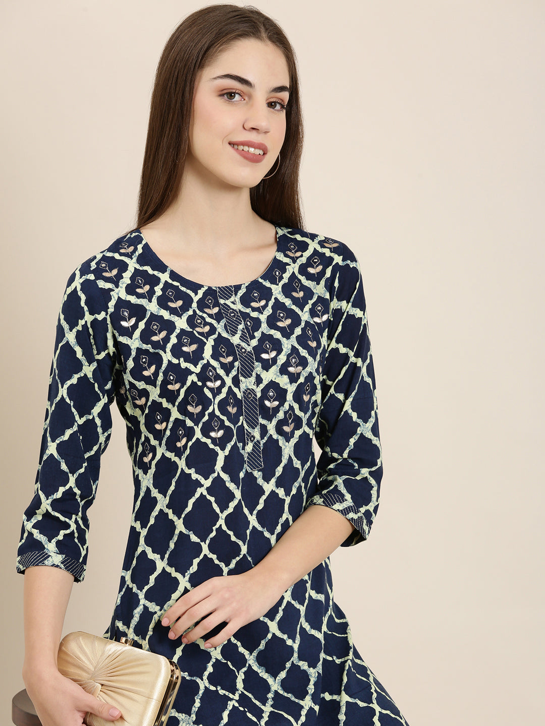 Women's Navy Blue Geometric Printed Mirror Work Straight Kurta