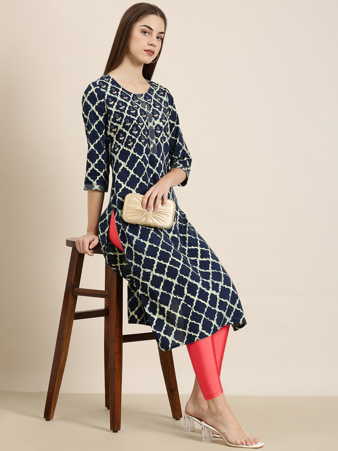 Women's Navy Blue Geometric Printed Mirror Work Straight Kurta