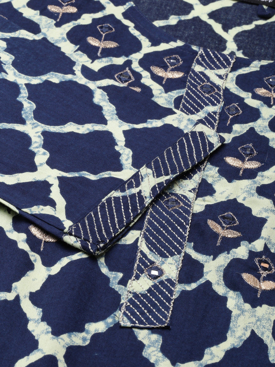 Women's Navy Blue Geometric Printed Mirror Work Straight Kurta