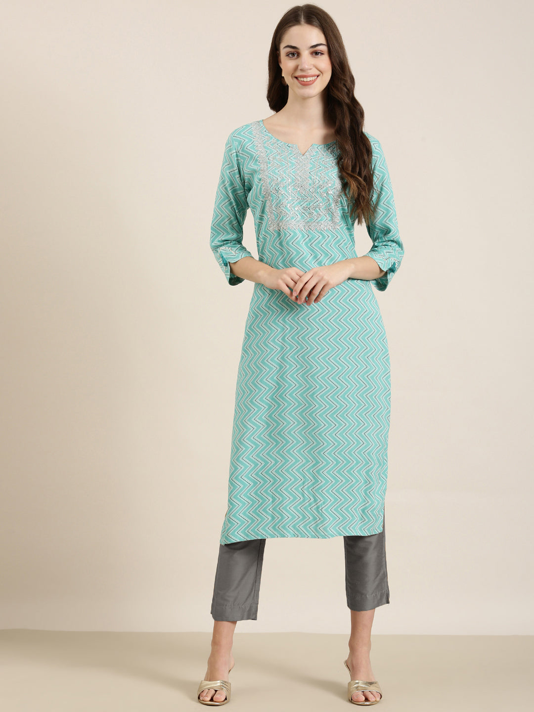 Women's Turquoise Blue Chevron Straight Kurta