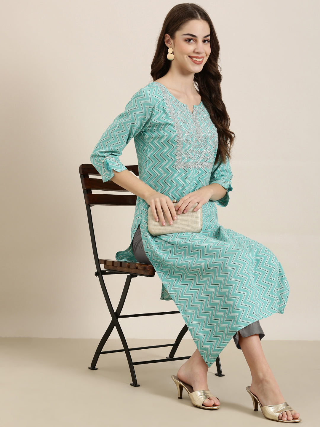 Women's Turquoise Blue Chevron Straight Kurta