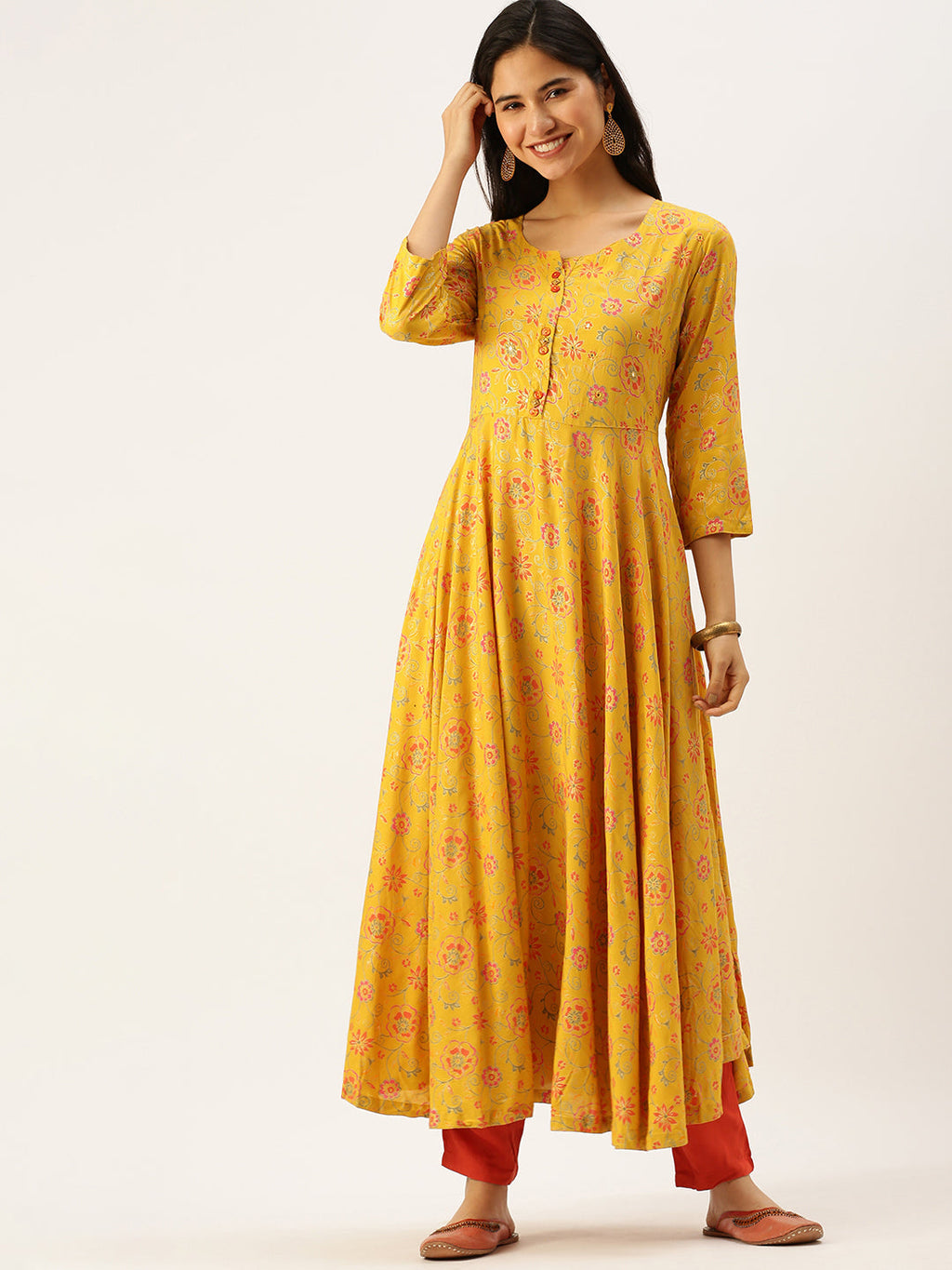Women's Yellow Floral Thread Work Anarkali Kurta