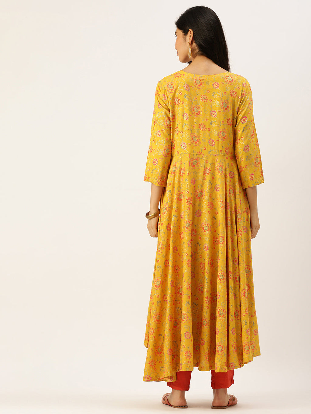 Women's Yellow Floral Thread Work Anarkali Kurta