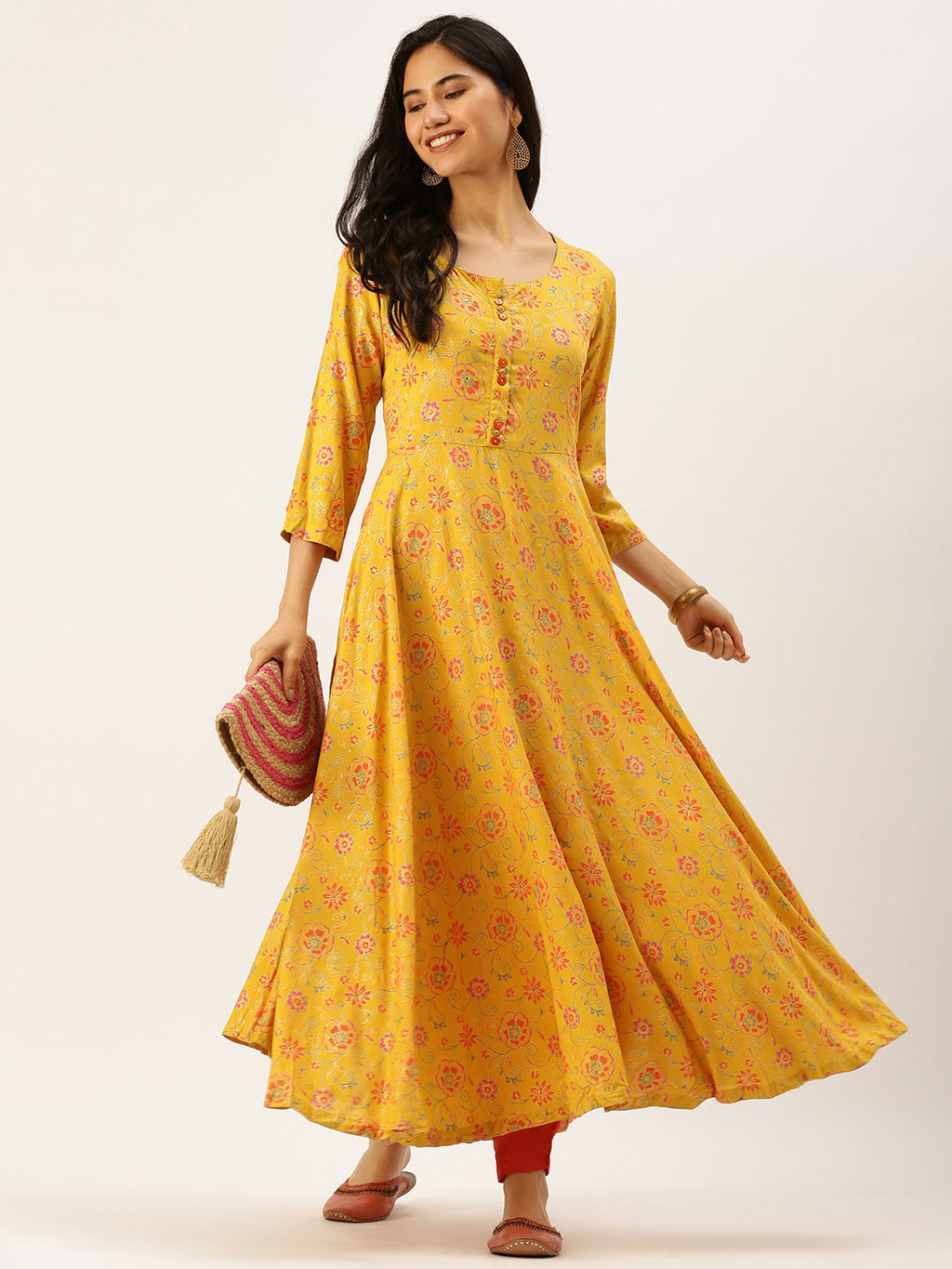 Women's Yellow Floral Thread Work Anarkali Kurta