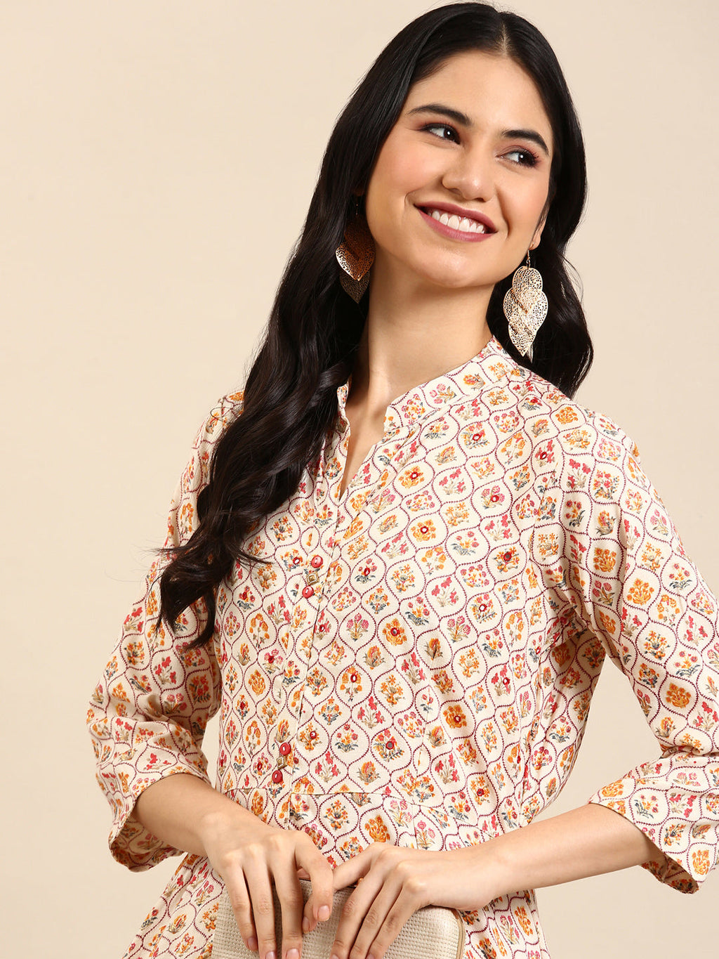 Women's Cream Floral Printed Mirror Work Cotton Anarkali Kurta