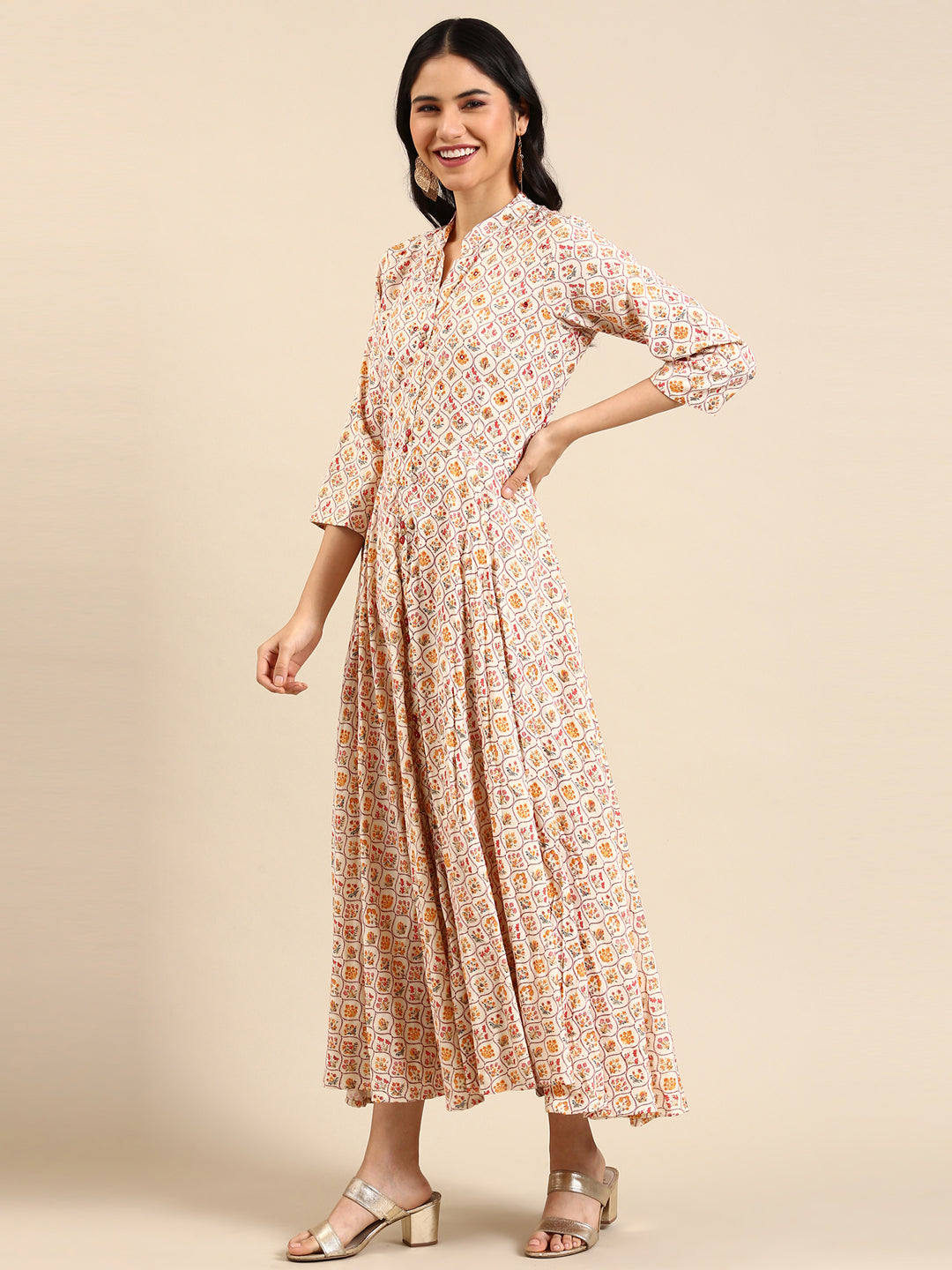 Women's Cream Floral Printed Mirror Work Cotton Anarkali Kurta