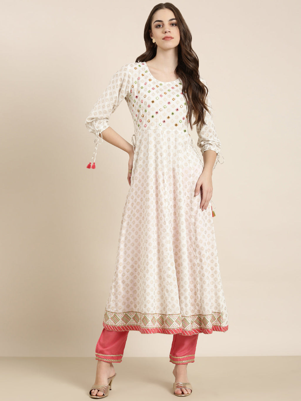 Women's White Floral Printed Mirror Work Cotton Anarkali Kurta